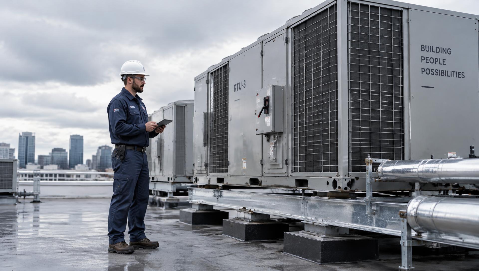 Facility technician inspecting rooftop HVAC units at a commercial building