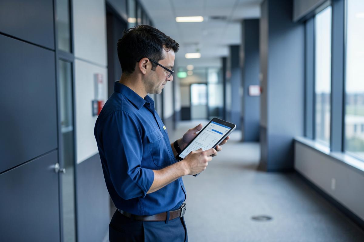 Facility manager reviewing maintenance work orders on a tablet inside a commercial building